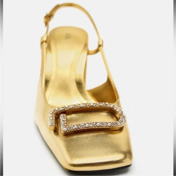 ZARA Embellished Block Heel Slingback Shoes Gold - Picture 3 of 15